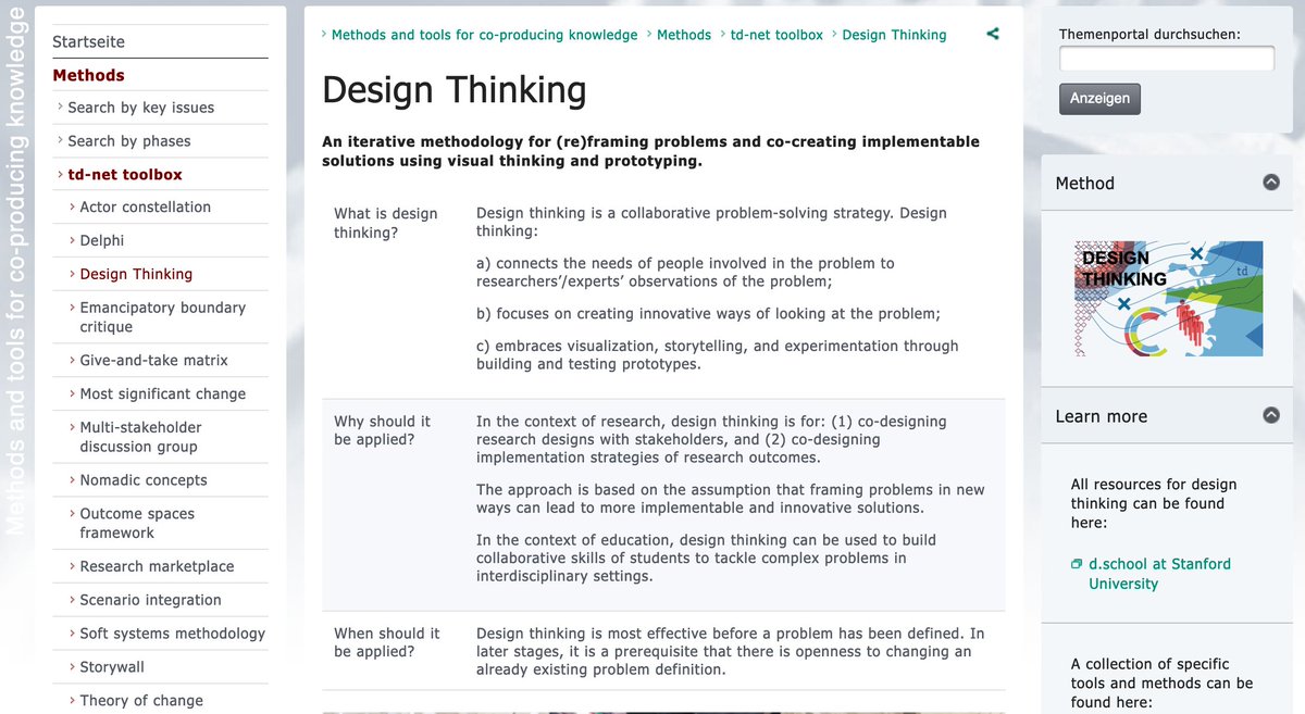 tdnetCH's tweet image. Methods matter! Get ideas and support for 
#interdisciplinarity and #transdisciplinarity in your research. The method profile of Design Thinking is online #tdnetToolbox! naturwissenschaften.ch/topics/co-prod…