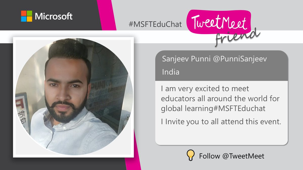 I am very delighted to attend the #MSFTEduChat TweetMeet. <a href="/TweetMeet/">Chris Hendrick</a> <a href="/STSWSRAJGOMAL/">S.T.S. World School (Official)</a> <a href="/Nisha09934399/">Nisha R</a> @NavtejS36407860 <a href="/AjaySyal8/">Ajay Syal</a> <a href="/Prabhjo60556013/">Prabhjot Gill</a> <a href="/SonamSidhu2/">Sonam Sidhu</a> <a href="/RubinderG/">Rubinderjit Gill</a>