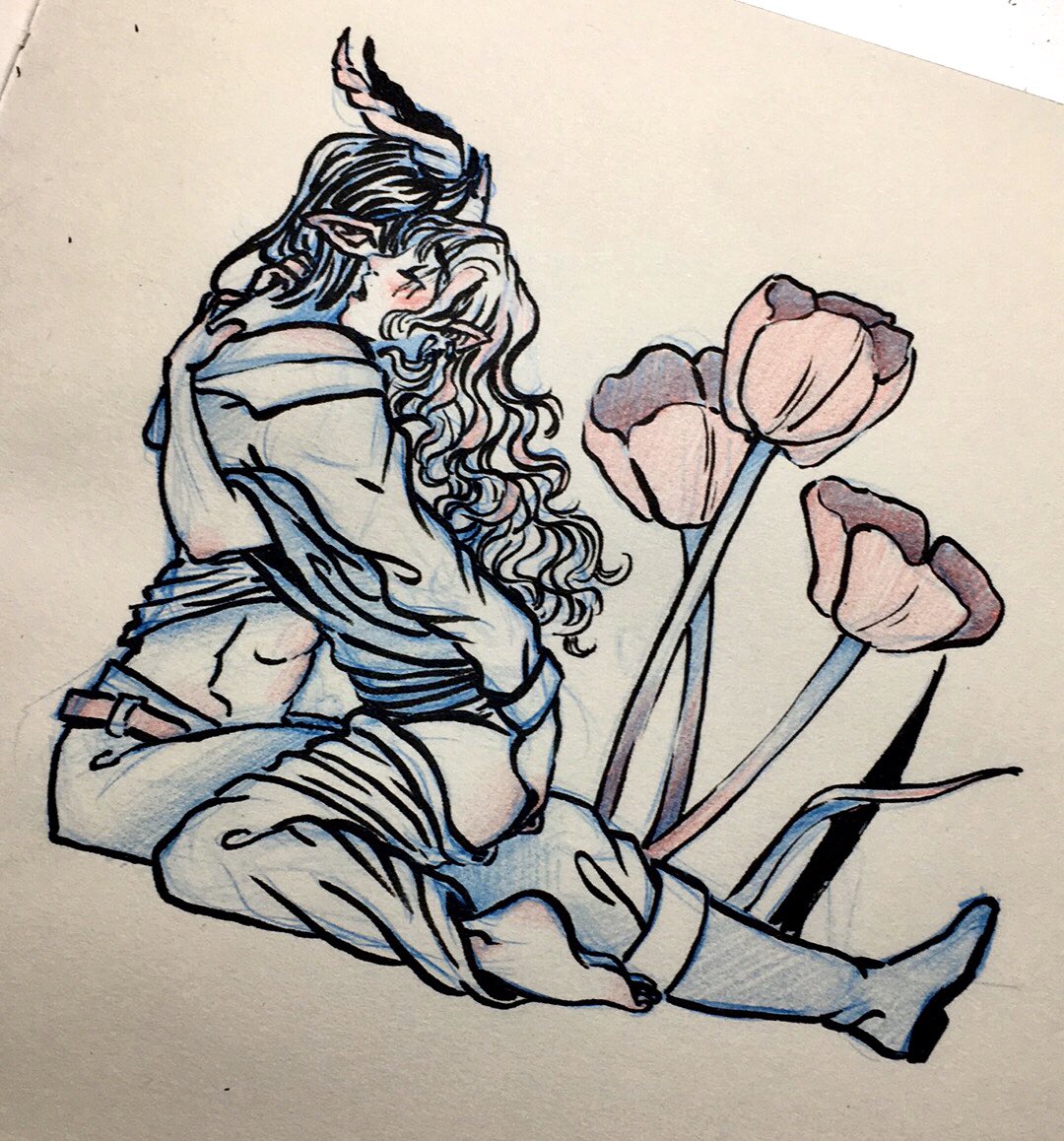 naught_red's tweet photo. Posted family fluff on my other page, time for some hubby-garden-fun on this one. Featuring my Druid, Imahli, in the arms of his teifling husband, Desra. You know, just restaking their claim in a field of giant poppy’s— as you do.

#NSFW #sketch #makelove https://t.co/MdU45DyAWY