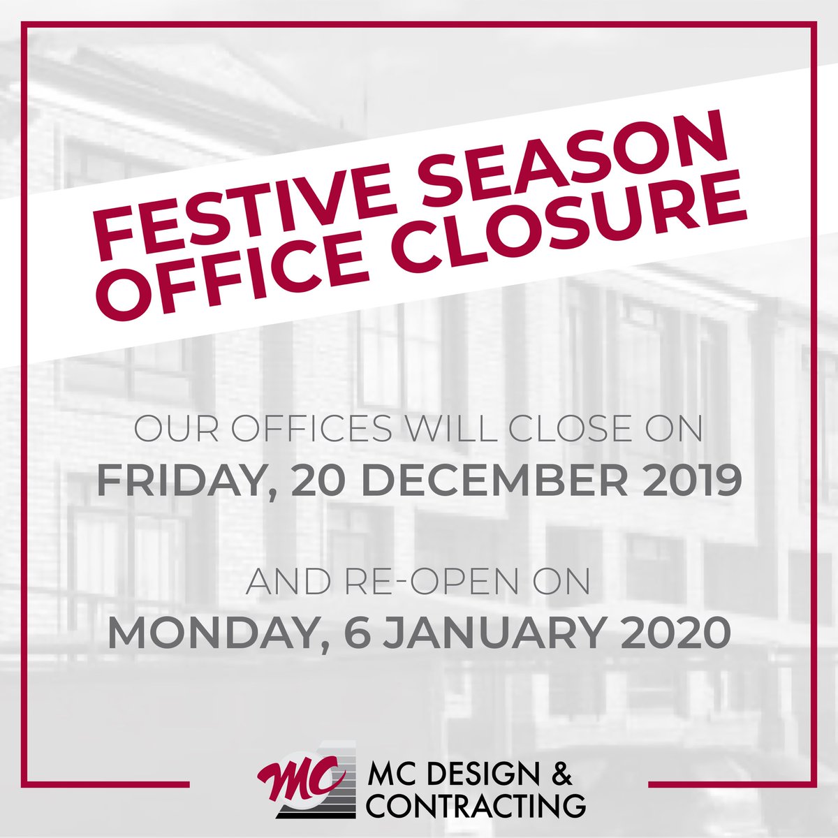designcontract's tweet image. Festive Season Office Closure Notice. 

Our offices will close on Friday, 20 December 2019 and Re-open on Monday, 6 January 2020.

#mcdesignandcontracting #officeclosure #holidays