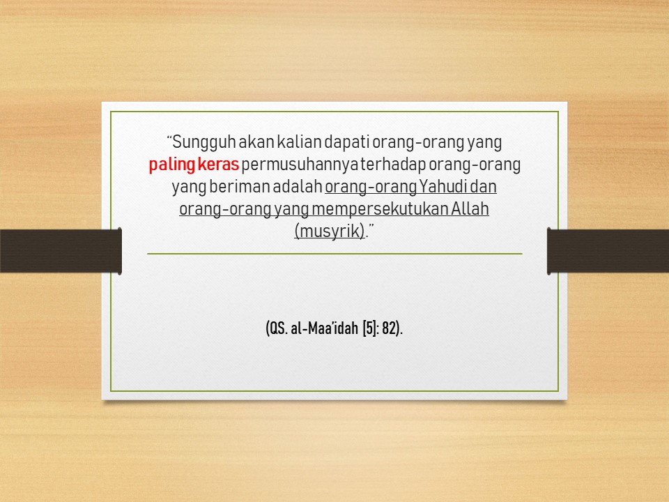 Ada Apa Antara Yahudi Dengan Kita?

“Sungguh akan kalian dapati orang-orang yang paling keras permusuhannya terhadap orang-orang yang beriman adalah orang-orang Yahudi dan orang-orang yang mempersekutukan Allah (musyrik).” (QS. al-Maa’idah [5]: 82).

muslim.or.id/486-ada-apa-an…
