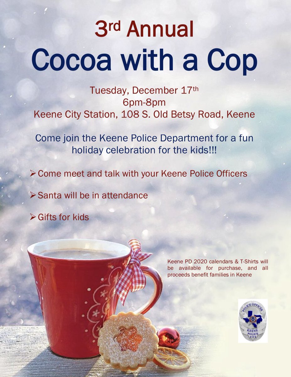 KeenePD's tweet photo. Come see us at our Cocoa With a Cop event.  We’ll have 130+ gifts to give away...and we promise your Santa experience will go better than this. https://t.co/e2pQfIHdz2