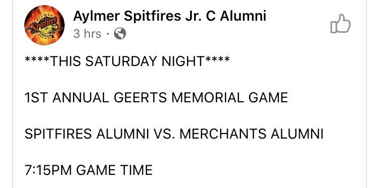 <a href="/AylmerJrCSpits/">Aylmer Spitfires</a> vs. <a href="/NorwichJrC/">Norwich Jr C Merchants</a> memorial game. This Saturday @ <a href="/EastElginCC/">EECC</a>