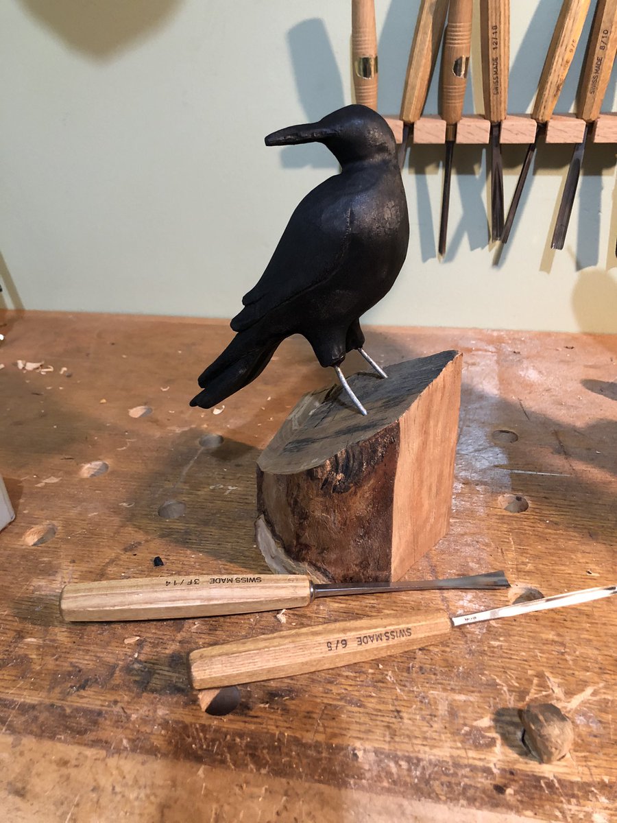 CFVWoodcarvers's tweet photo. RT @gvmcmillan: My latest sculpture is a crow. I was inspired by the legend of the crow who brought back fire from the Great Spirit so that he could keep his community warm. I burned the crow to turn it black. #gvmstudio #sculpture #art #crow #woodcarving https://t.co/5nG9EOWb2Q