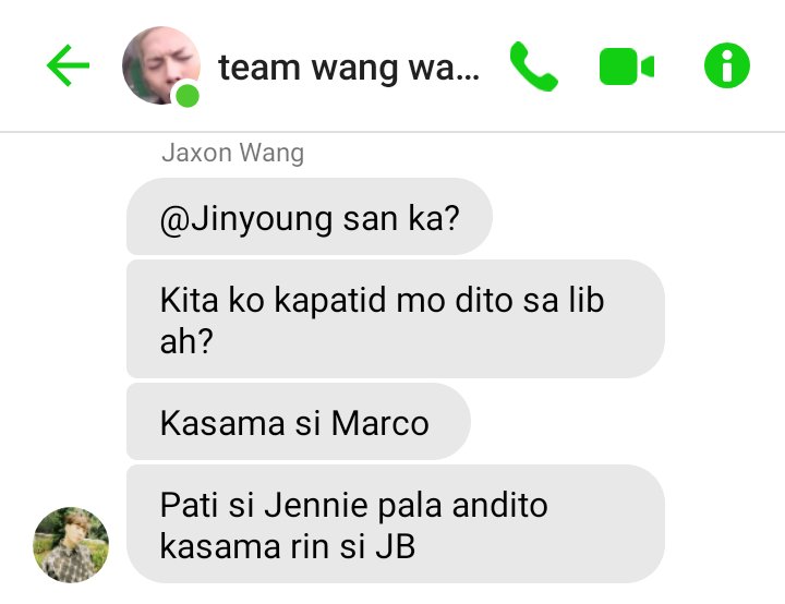 75 meanwhile team wang wang Ung unang pic, message ni jaxon kay jinyoung the junior kaninang tamghali pa nung time na magkakasama sa lib sila jen Tas late na nakareply si jinyoung the junior