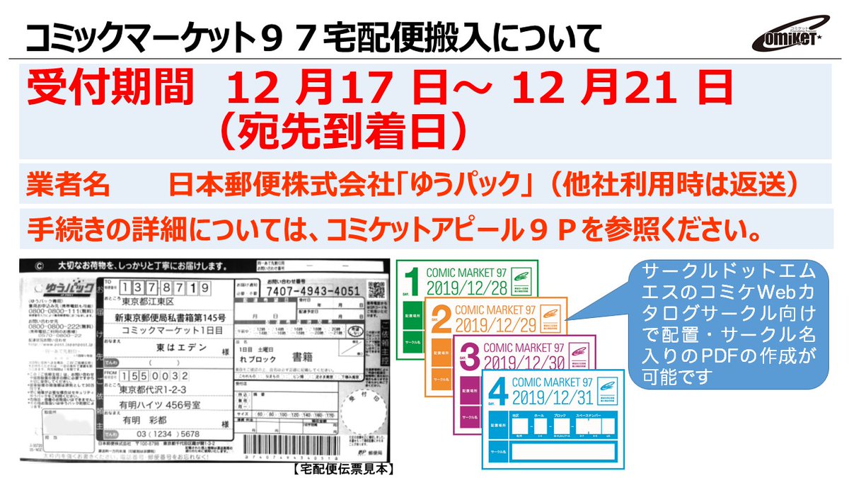 コミックマーケット準備会 宅配便 コミックマーケット97の宅配便 ゆうぱっく 搬入受付期間は 12 17 火 12 21 土 新東京郵便局到着日 詳しくはコミケットアピール9p参照 C97 ブランクの搬入物貼付用紙については 搬入 搬出の手引き コミックマーケット準備会 宅配便 コミックマーケット97の宅配便 ゆうぱっく 搬入受付期間は 12 17 火 12 21 土 新東京郵便局到着日 詳しくはコミケットアピール9p参照 C97 ブランクの搬入物貼付用紙については 搬入 搬出の手引き