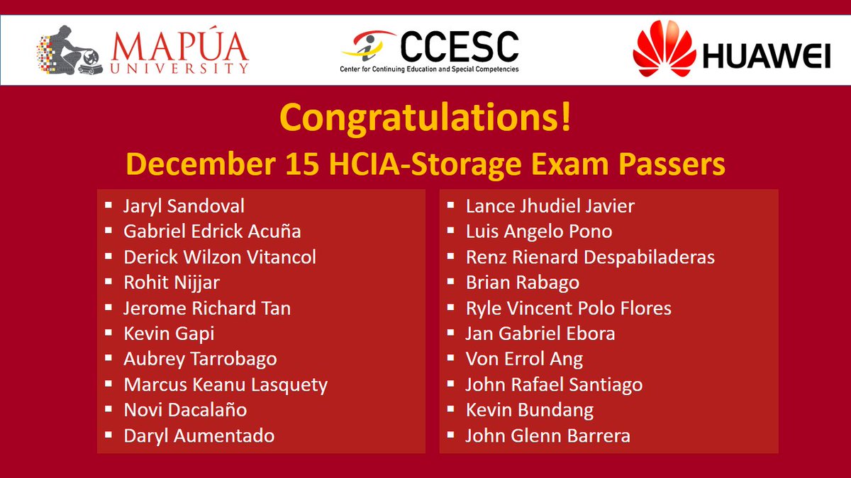 MapuaCCESC's tweet photo. Mapua CCESC congratulates 2019 HCIA-Storage Exam Passers! https://t.co/S3EaOUopvK