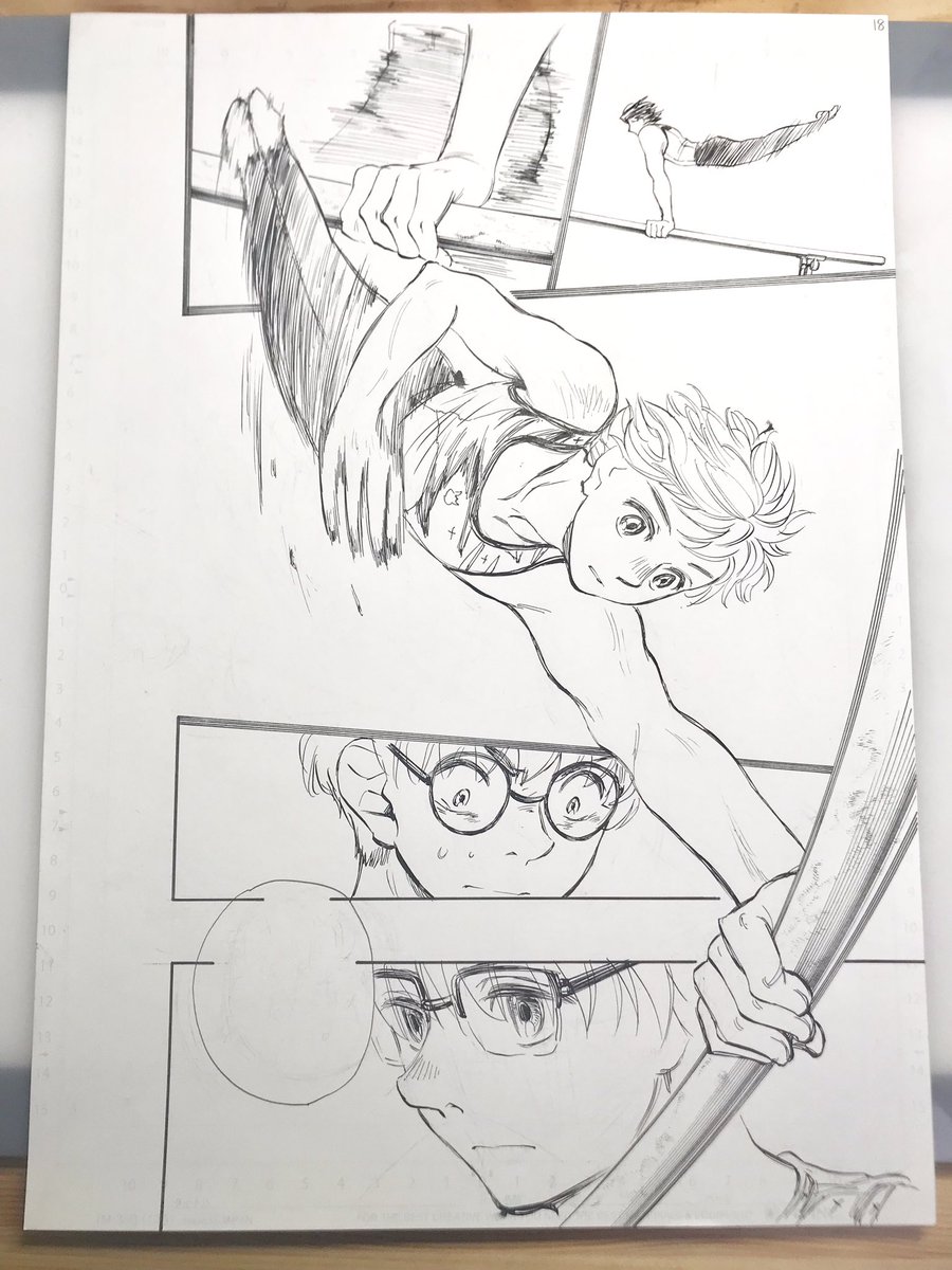 先週40話の原稿。色々セリフなどを直しているうちに抜けてしまったのですが、ミツの平行棒の得点は14.15点です。 