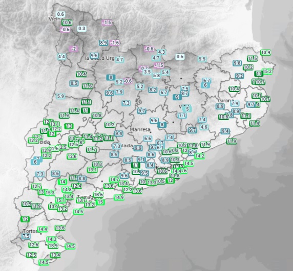 meteorac1's tweet image. Bon dia! Tª actuals (ºC): Barcelona 12-15, Tarragona 15, Lleida 13, Girona 8, St. Cugat del V. 10, Vic 5, Cervera 11, Vilanova i la G. 14 i Puigcerdà 4.