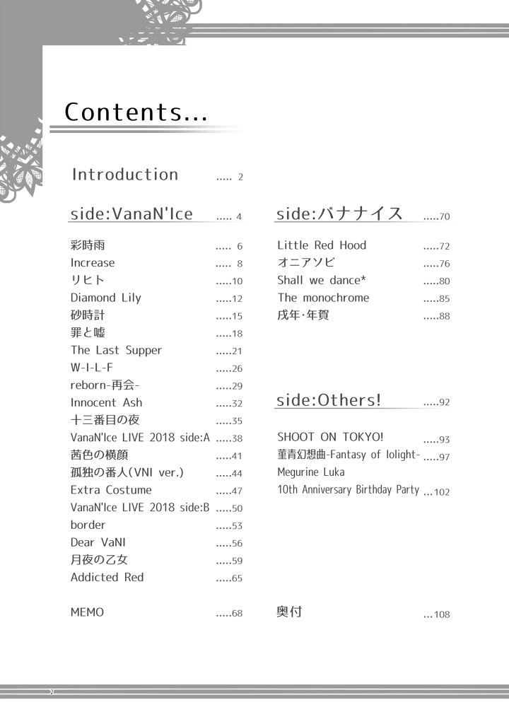 冬コミ新刊多分ほぼ脱稿かと!

VNI設定資料集【Red/Rouge】、会場とBOOTH特典でしおりが付く予定(余分出たらしおり単品頒布有)。

VanaN'Ice作品(2013～)もバナナイスも女の子も入ってて、コピー本再録多めですがコメントほぼかきおろしでなかなかボリューミー。よろしくお願いします! 