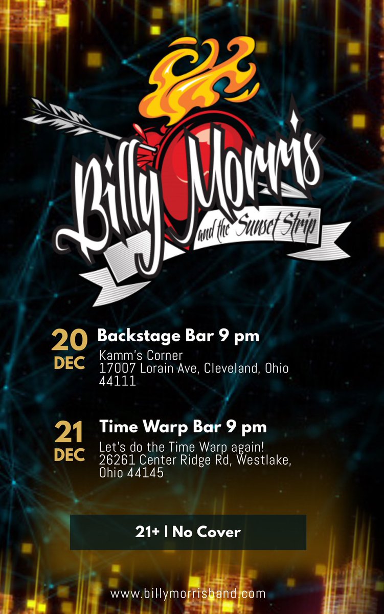 billymorrisband's tweet photo. Upcoming shows for this weekend!
We hope to see you at one or both!
Let’s rock! 🤘🏻
#billymorrisandthesunsetstrip #sunsetstrip #holdinalltheaces #tributetothe80s #album #tour #livemusic #rocknroll #heavymetal #cleveland #ohio #timewarpbar #westlake #backstagebar #kammscorner https://t.co/LRfbOB6HpR