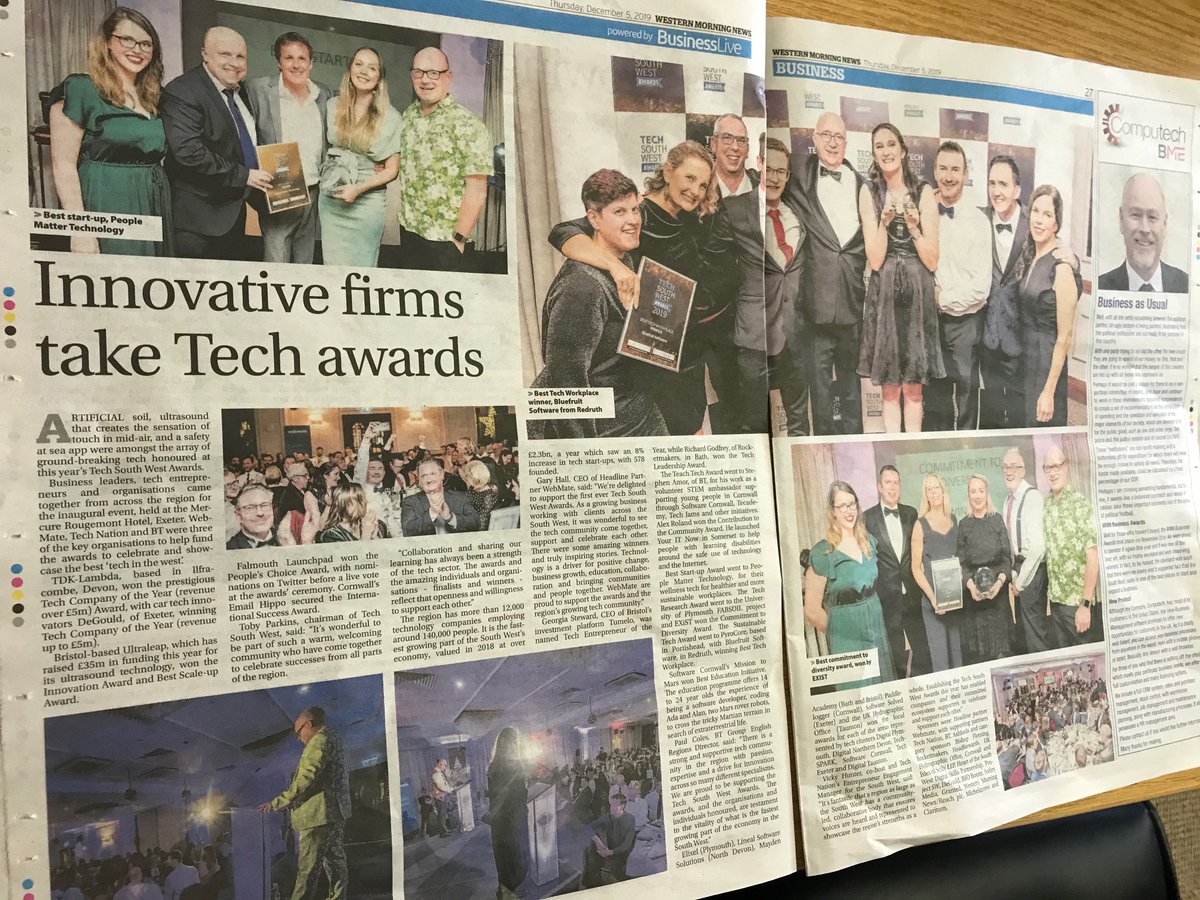 A big thank you to <a href="/WMNNews/">Western Morning News</a> for a fantastic double-page spread on our #TSWAwards 2019 in this morning's paper! Grab a copy to read about the fantastic winners, finalists, partners &amp; supporters who joined us last week to celebrate the 'best in the west' for tech! #TechNews