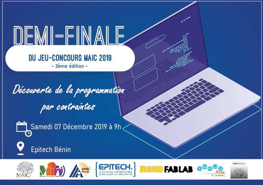mifyai's tweet photo. À l’occasion de la demi-finale qui aura lieu le samedi 07 décembre 2019 au sein des locaux d’Epitech Bénin, nous initions un atelier de découverte de la programmation par contraintes.

@EpitechBenin @IrokoFablab @iwajutech 
#MAIC19
#MIFY
#AAAI
#BeninChapter
#AI
#IA-Bénin https://t.co/AkfFnwWXNd