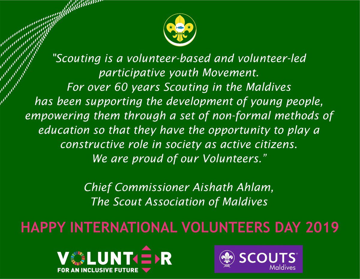 ScoutsMaldives's tweet photo. We are proud of our Volunteers. 

International Volunteer Day! 🥳 
#IVD2019  
#volunteer4inclusion https://t.co/JKj9dk3snG