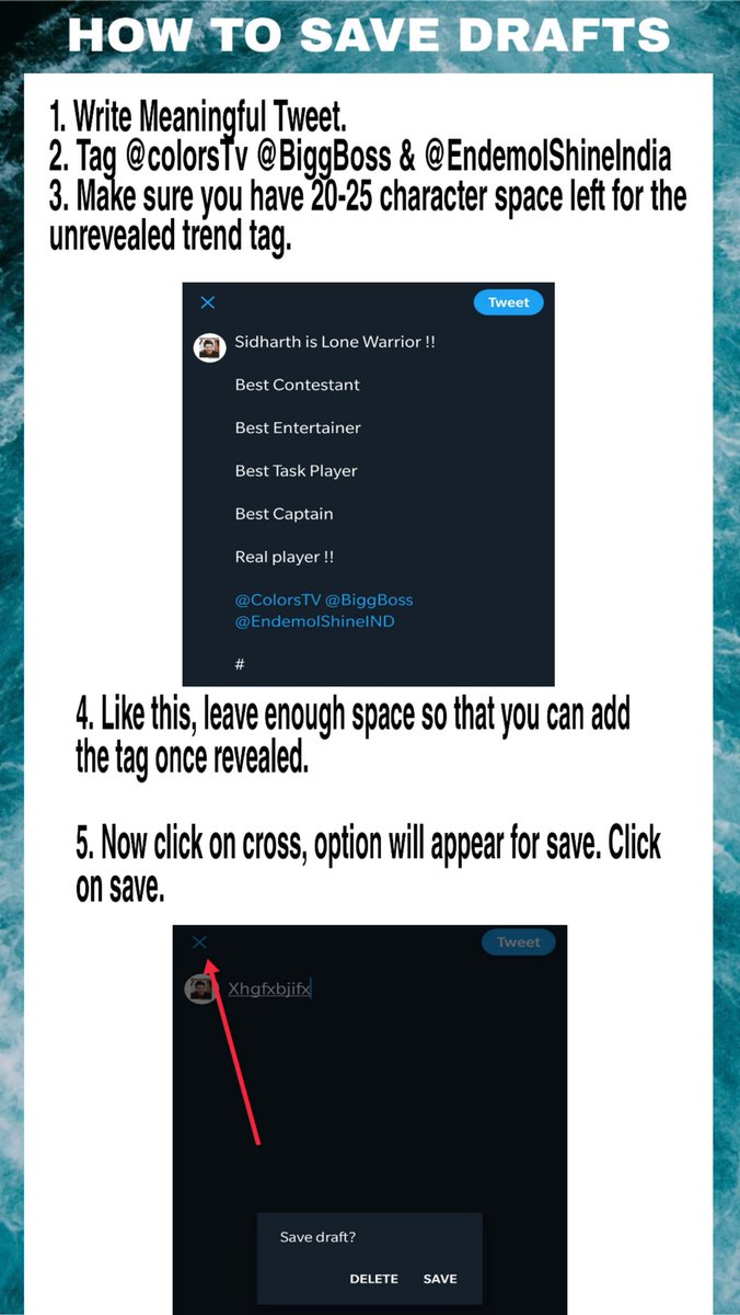TeamSidharthFC's tweet image. Important !

How To save drafts &amp;amp; Tweet them.

&amp;amp; For unrevealed tags too.

Follow the procedure below. If you don&apos;t know, how to save drafts &amp;amp; tweet them on trend time

Save Drafts, Be ready for 2PM..
If you have any confusion, DM me

#KeepGoingSidShukla

#EvictHatemongerAsim