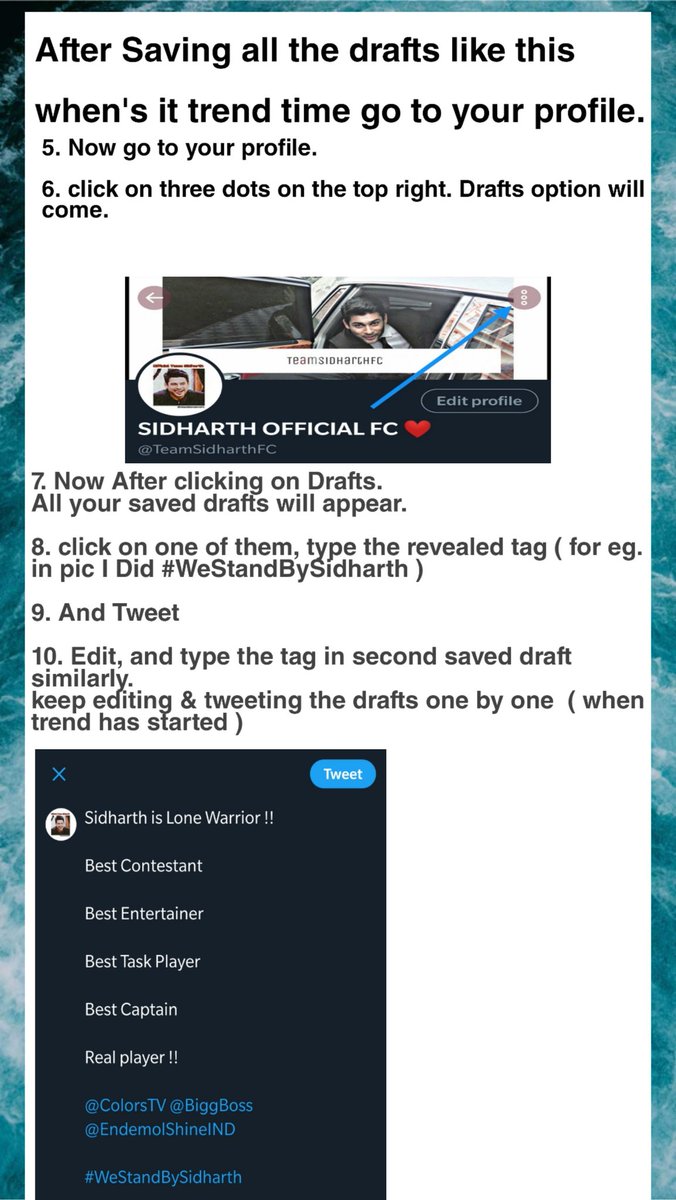 TeamSidharthFC's tweet image. Important !

How To save drafts &amp;amp; Tweet them.

&amp;amp; For unrevealed tags too.

Follow the procedure below. If you don&apos;t know, how to save drafts &amp;amp; tweet them on trend time

Save Drafts, Be ready for 2PM..
If you have any confusion, DM me

#KeepGoingSidShukla

#EvictHatemongerAsim
