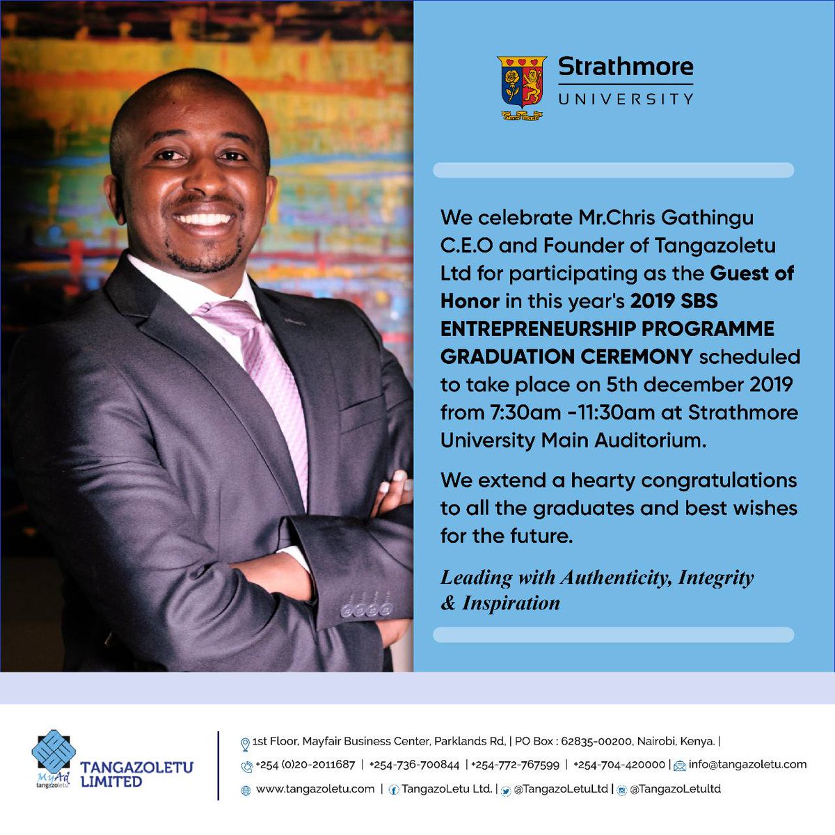 TangazoletuLtd's tweet photo. We extend a hearty Congratulations to all 2019 SBS entrepreneurship programme Graduates! We are honored to have @chrisgathingu as the Guest of Honor giving the keynote address. https://t.co/vcTDDJ4OsG