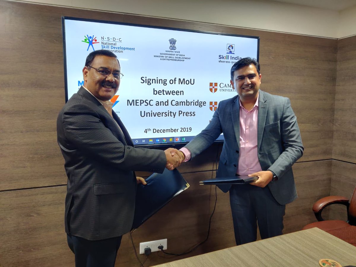 MEPSCindia's tweet photo. Making a mark, @MEPSCindia signed an MoU with @CambridgeUP for providing NSQF aligned content for English, Employability and Entrepreneurship program.

#skills4all #abskillskibari https://t.co/PV5arEgDO9