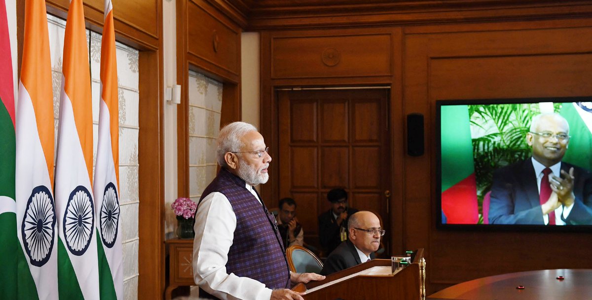 NICMeity's tweet photo. Hon'ble Prime Minister Narendra Modi and Hon'ble President of Maldives Ibrahim Mohamed Solih jointly inaugurated several key development projects in Maldives via #NICMeitY Video Conference services.
Details here: https://t.co/m3bjd52POc https://t.co/FKuGdUZJRH
