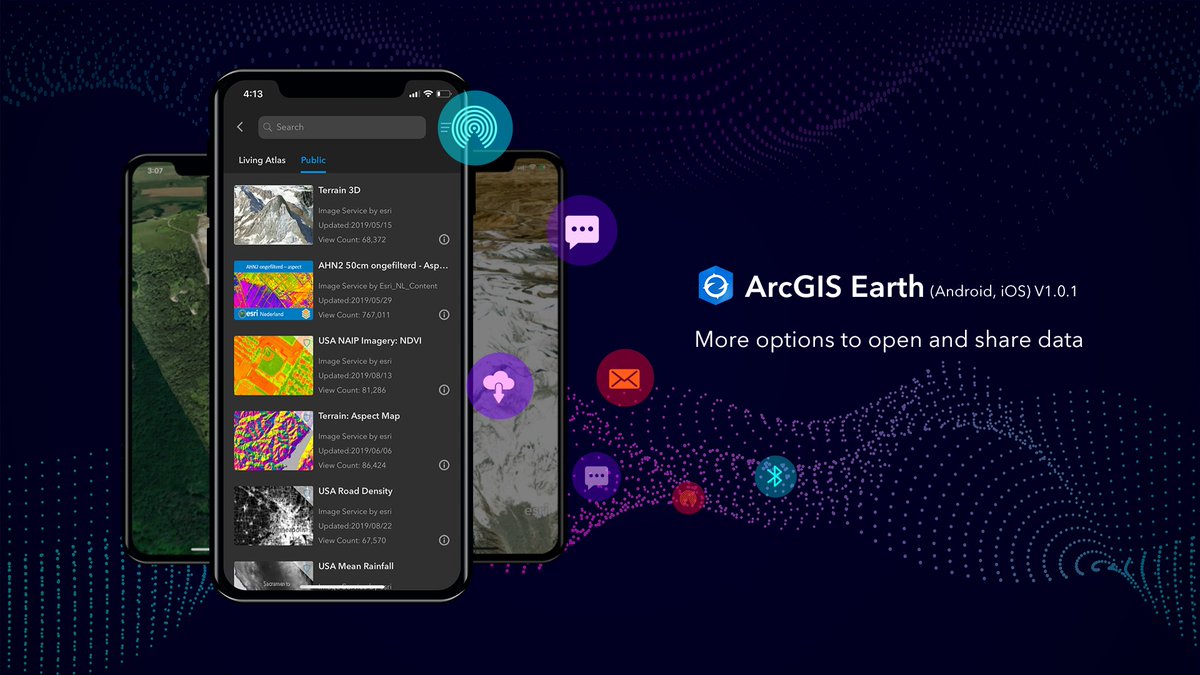 ArcGIS Earth (Android and iOS) version 1.0.1 is available on Google Play and App Store! 🥳In this release, more options to open and share data are available. Open and share data via #AirDrop or #Bluetooth.  Upgrade today and see what's new. #ArcGISEarth #3DGIS