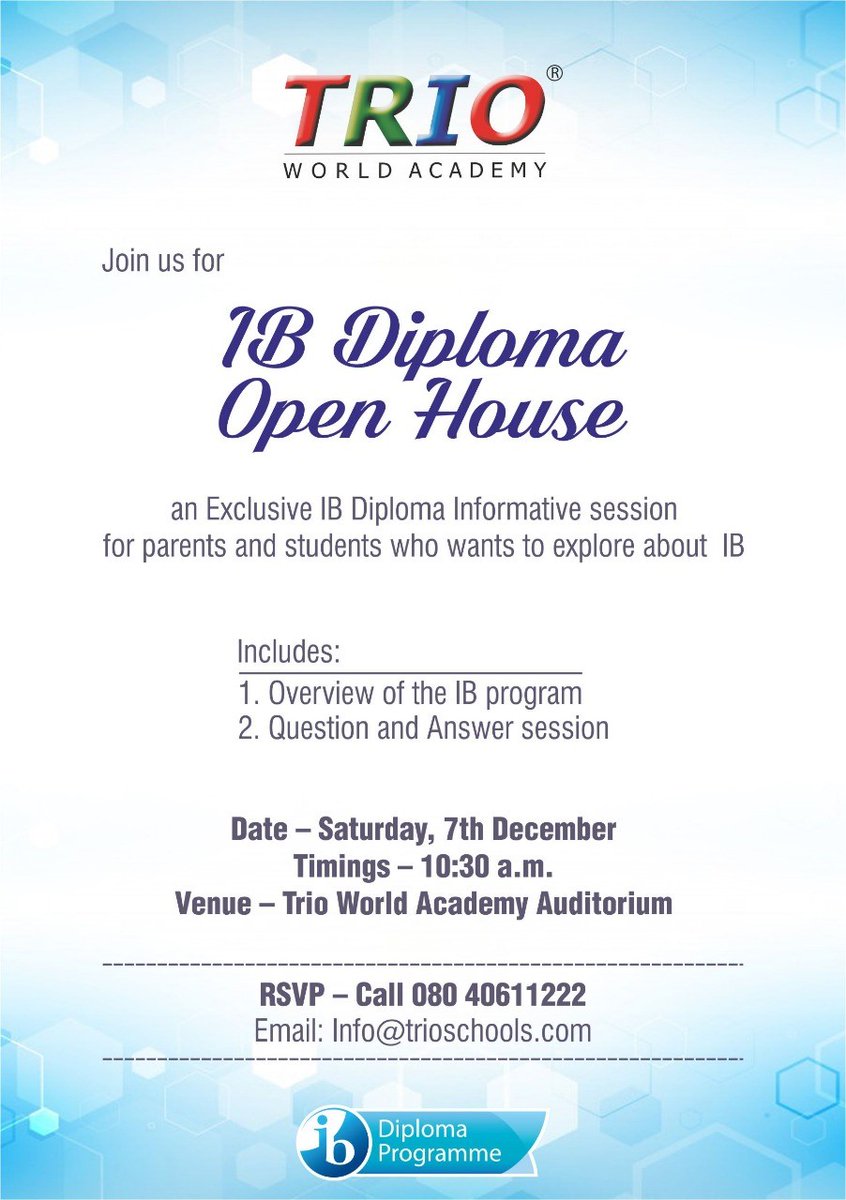 Parents and Students, please join us for an IB Diploma open house on 7th December at our campus in Sahakar Nagar, #Bangalore. RSVP <a href="/THBengaluru/">The Hindu-Bengaluru</a> <a href="/India_Parenting/">IndiaParenting</a> @bloreschool <a href="/bangaloreparent/">Bangalore Parents</a> <a href="/TOIBengaluru/">TOI Bengaluru</a> #IBSchool #IBDiploma #InternationalSchool