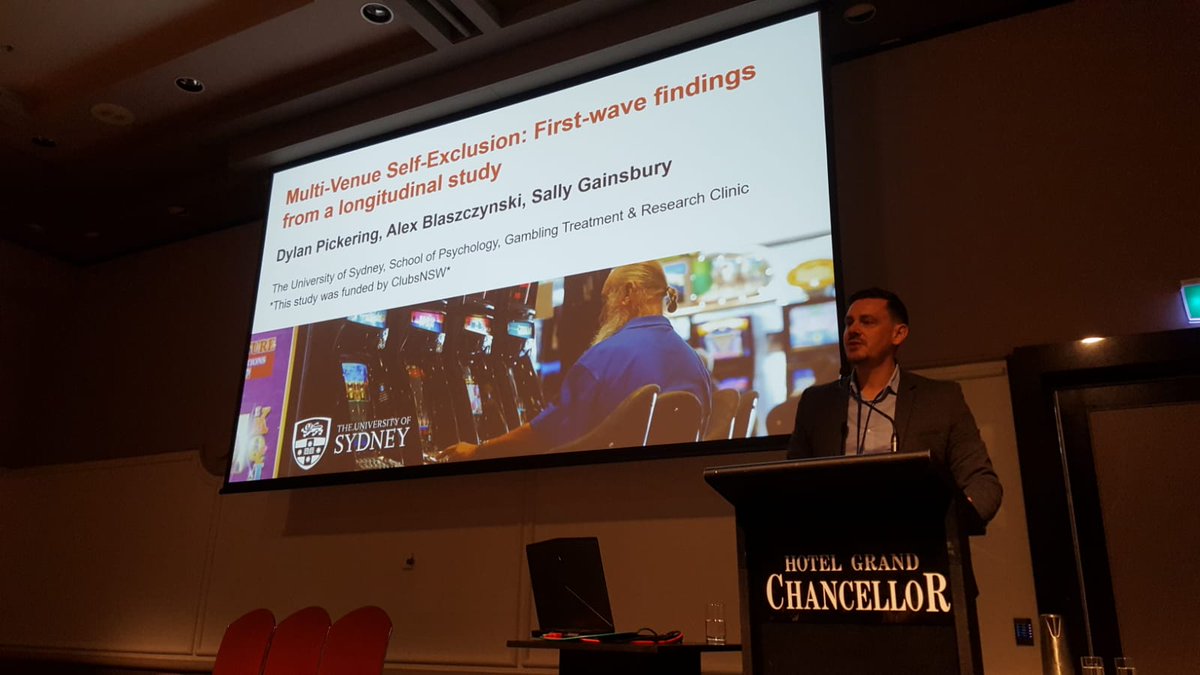 It was a pleasure to present the 1st wave of findings from a longitudinal evaluation of multi venue self-exclusion for gambling at the 29th #NAGSConference in Hobart. Good outcomes found at 6mth followup; 12 to 24mth assessments will shed light on longer term effectiveness.