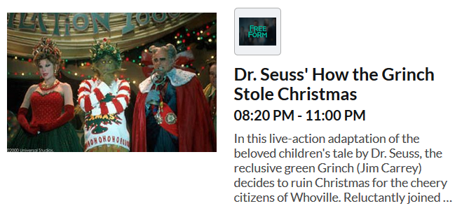 TeleUP_USA's tweet photo. Watch Dr. Seuss' How the Grinch Stole Christmas tonight on Free Form at 8:20 PM EDT https://t.co/V2oGagedfZ