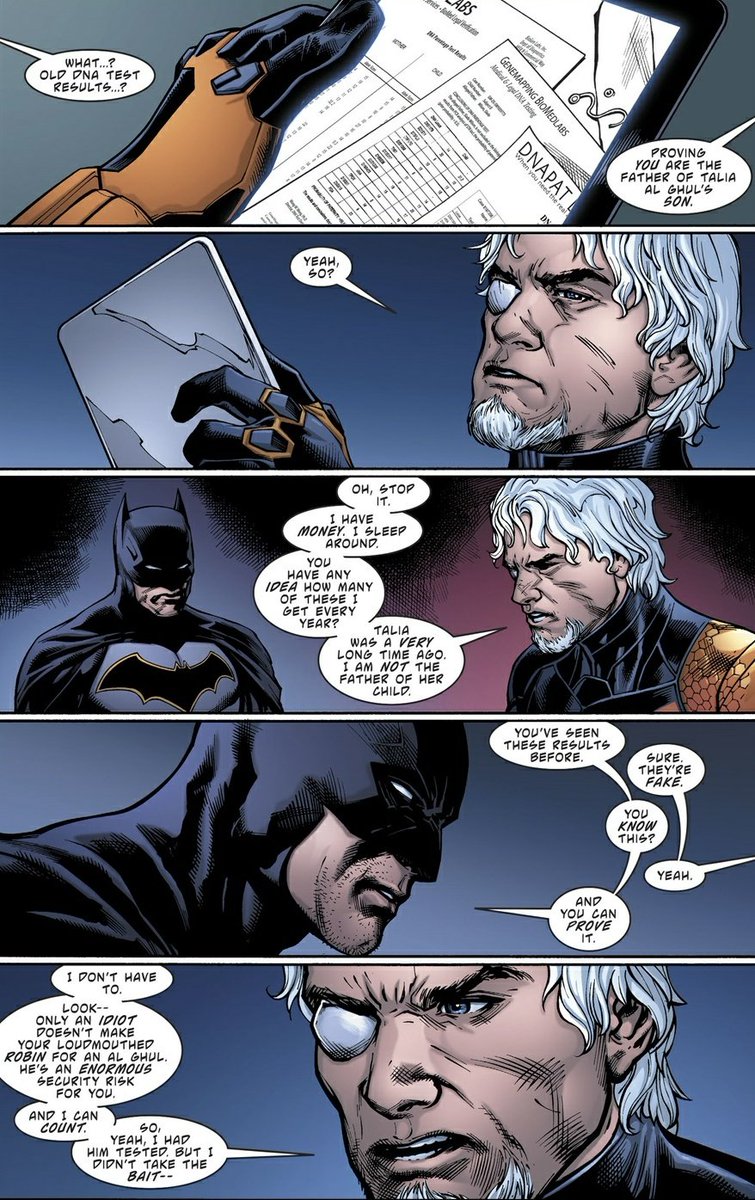 "Bruce tried to point fingers at me... Talia and I were a thing but that's all in the past. The damn kid isn't mine." The scribe would state out of irritation referring to Damian. 

#DCRP