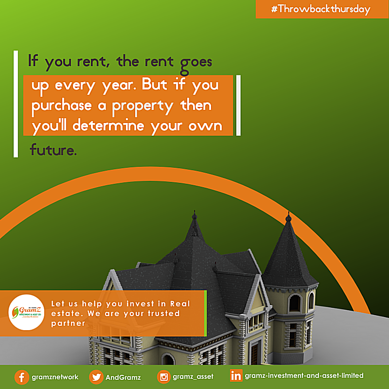 AndGramz's tweet photo. If you rent, the rent goes up every year. But if you purchase a property then you'll determine your own future. Let us help you invest in Real estate. We are your trusted partner. #Gramz #Realestate #Investment #Lagosproperty #Younglandlord #ThrowbackThursday @benicomken https://t.co/ySikgNfE5o