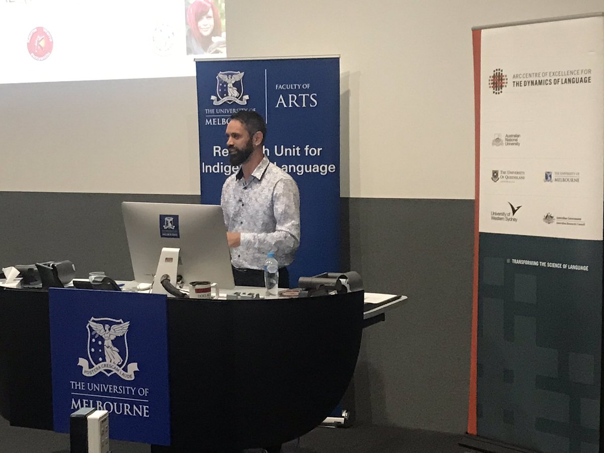 CoEDLang's tweet photo. Rob Amery brings the rigour and Jack Kanya Buckskin brings the heart as they regale the audience with the story of #Kaurna revival at the #CoEDLSummerSchool public lecture. #IndigenousLanguages https://t.co/BOxiGbyMf2