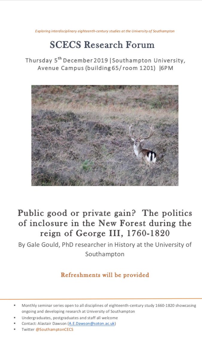 Join us TONIGHT for the next in our series of monthly speakers and hear the wonderful <a href="/HistoryofNature/">Dr Gale Pettifer🌳</a> speak on inclosure and the New Forest. 
<a href="/HistoryAtSoton/">University of Southampton History Department</a> <a href="/SotonEnglish/">English at Soton</a> <a href="/SupahSoton/">SUPAH (Southampton Uni Post-Grad Arts & Hums)</a> <a href="/HumanitiesUoS/">School of Humanities at University of Southampton</a> <a href="/UoSMusic/">Music at Southampton</a>