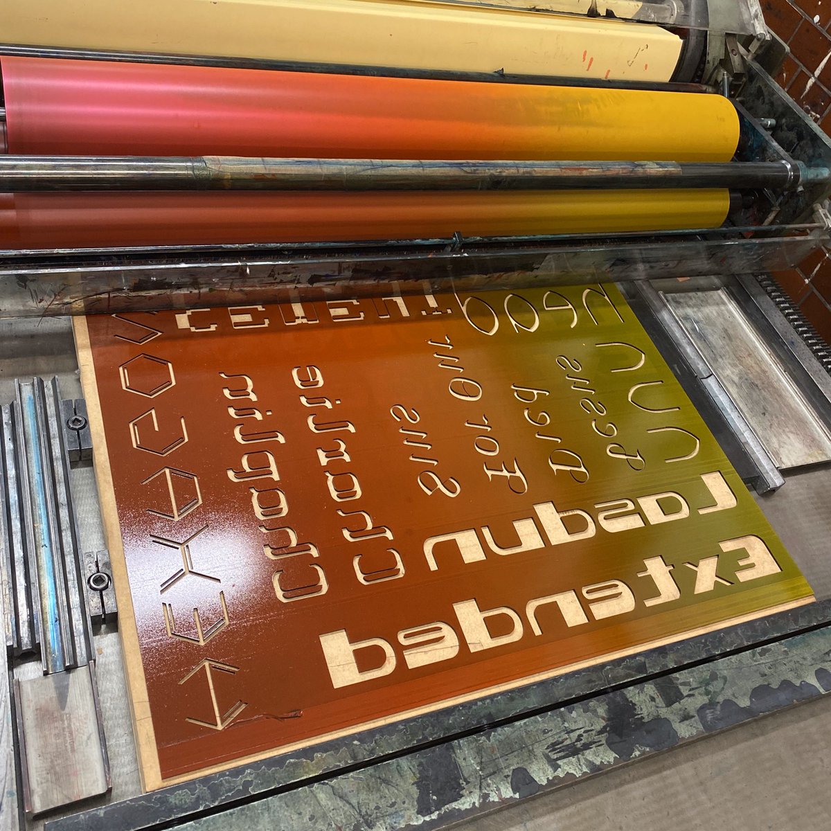 Workshop experimentation with 2nd year Graphic Design students <a href="/CamberwellUAL/">Camberwell College of Arts</a> — a specimen (of sorts) showing fonts produced as part of their type design project. Laser-cut Perspex, printed Letterpress.