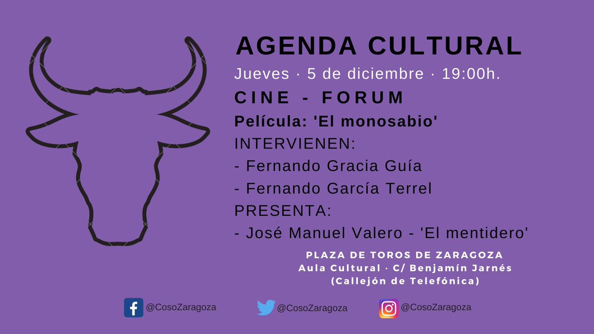 ¿Te gusta el #cine 📽? ¿Y los toros? ¡Pues estás de suerte! No te puedes perder, esta tarde, la proyección de la película ‘El monosabio’ en el aula cultural de la plaza de toros de #Zaragoza.

#TorosZaragoza19