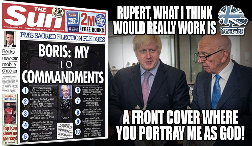 Those of a religious nature may find the front cover of Rupert Murdoch's Sun somewhat blasphemous...

Boris Johnson is not the Messiah, he is a horrendous bigoted racist.

#DontBuyTheSun #DontVoteTory #MurdochOut #JohnsonOut