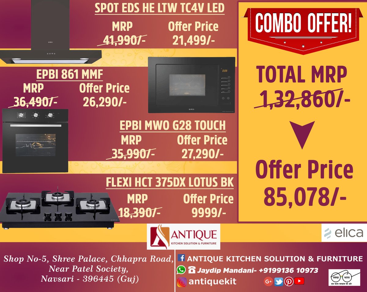 SolutionAntique's tweet photo. The offer which you cannot afford to miss!
Get Elica appliances at the best offer price!

Visit:-
Shop No 5, Shree Place, Chapra Road, Near Patel Society, Navsari - 396445 (Gujarat)
Contact number: 9913610973

#Modularkitchen #interiordesigns #modernkitchen #kitchensolution https://t.co/TeBj95dfSM
