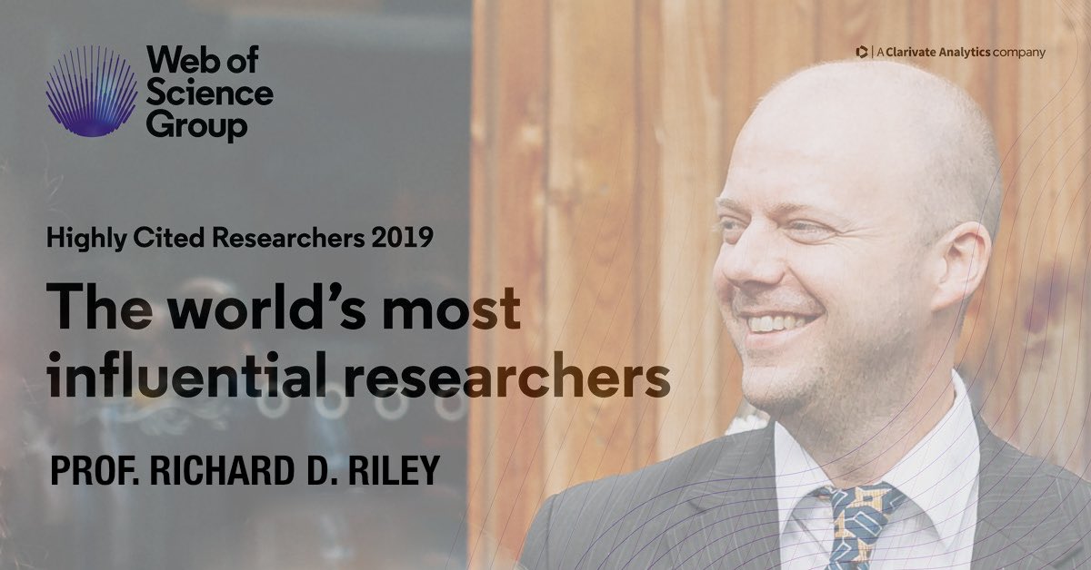 Huge congratulations to Prof. @Richard_D_Riley on being named on this years @webofscience #HighlyCitedResearchers list! One of “the world’s most influential researchers” - a massive achievement, well deserved! @KeeleUniversity