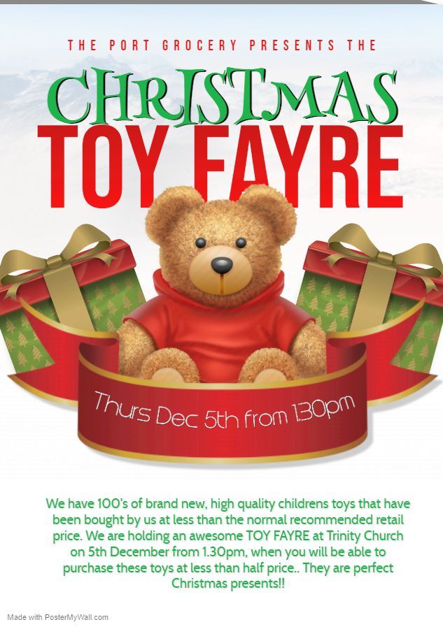 Don't forget our Christmas Toy Fayre today at Trinity Church. Doors open at 1.30pm and there are hundreds of toys, all brand new at less than half price.
