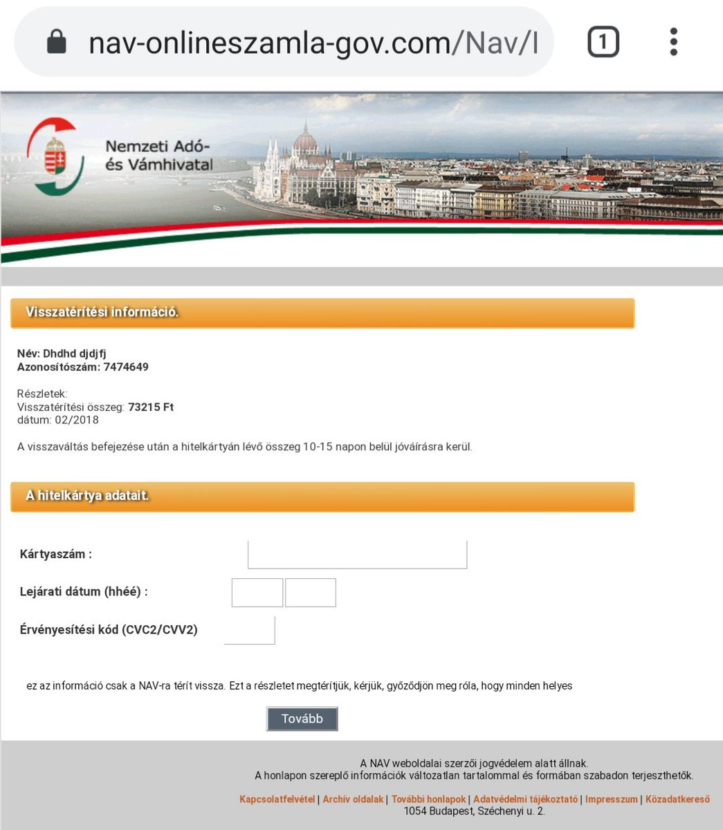 smica83's tweet photo. Hungarian National Tax and Customs Administration #phishing
URL(https): /onlineszamla-nav-gov.com/navgov-hu.php
@sS55752750 @ActorExpose @JAMESWT_MHT @malwrhunterteam @Spam404Online @nullcookies @illegalFawn @PhishingAi @PhishStats @PhishKitTracker https://t.co/cxGxb3NVm8