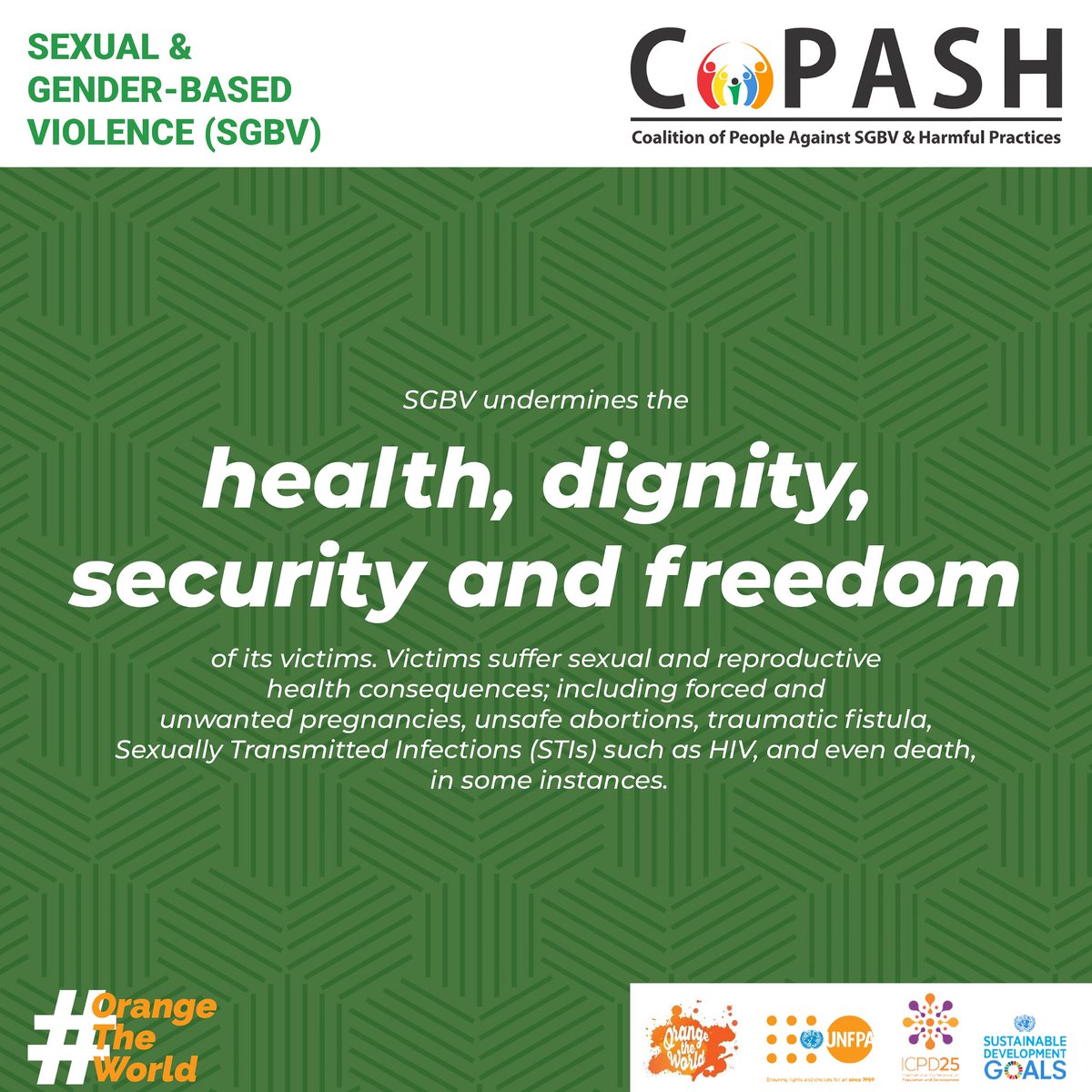 SGBV undermines the Health, Dignity, Security and Freedom of its victims, Victims suffer and reproductive health consequences; (1/2)
#16DaysOfActivism #CoPASH #OrangeTheWorld #UNFPA #NoSilence #GenerationEquality #SDG