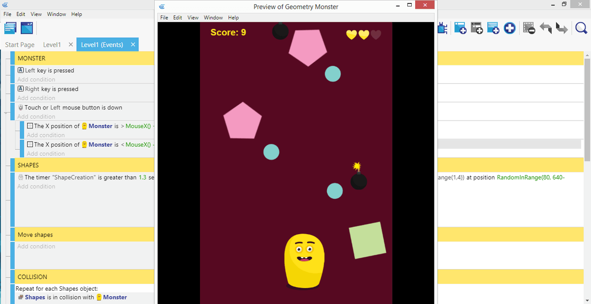 Preview of Geometry Monster, a tutorial to make a game with GDevelop