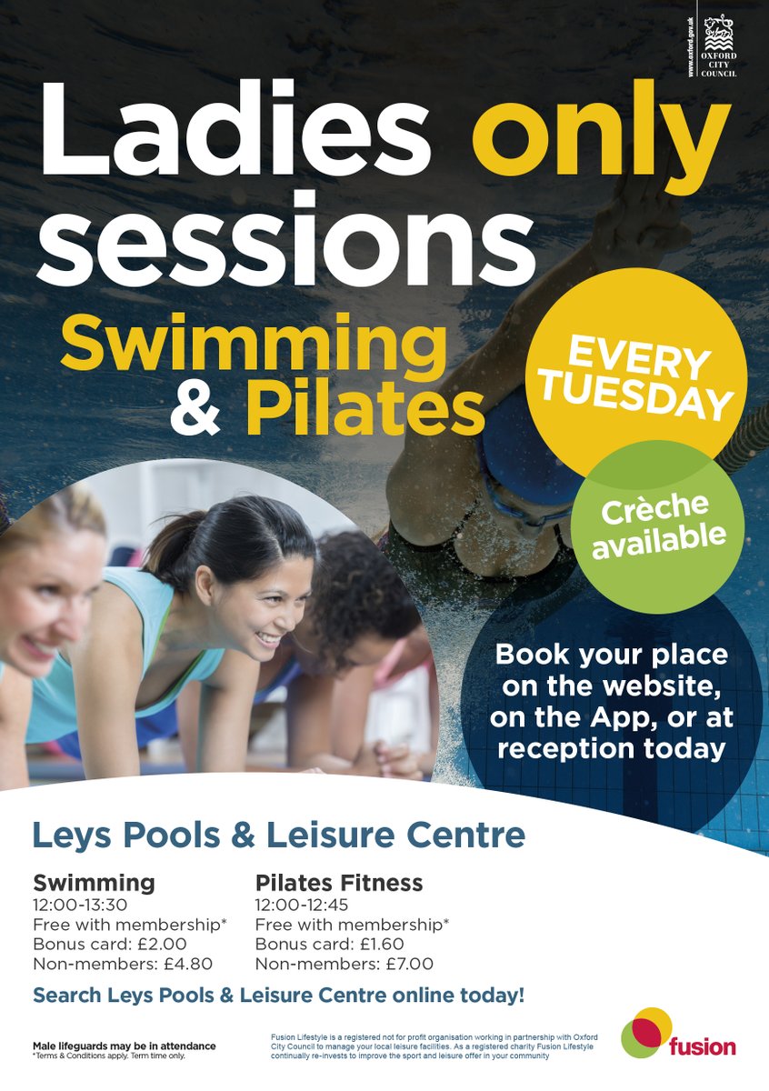 OxfordCity's tweet photo. Our weekly ladies only swimming 🏊‍♀️ and pilates sessions are on tomorrow at @LeysPools. Why not give them a go? There's even a crèche available for your little ones 👶 https://t.co/fNoZN5JXcf
