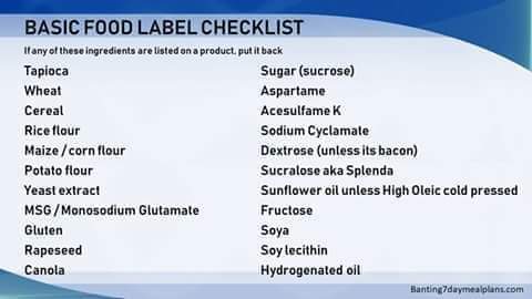Hi Banters,

This is a very basic checklist that you can use when shopping, if the product contains 1 or 2 of the below ingredients, put it back to the shelve. Also remember to keep a copy of your food lists handy. 

Happy #Banting 🥂