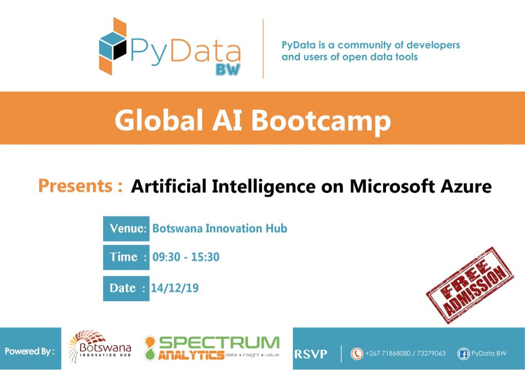 SpecAnalyticsBW's tweet photo. The Global AI Bootcamp will be beamed to 135 different locations around the world. In Botswana it’ll be hosted by PydataBW in a partnership established by Spectrum Analytics and @YourBIH. The Bootcamp will be an information seminar on Artificial Intelligence using Microsoft Azure https://t.co/3FUK3HS1jg