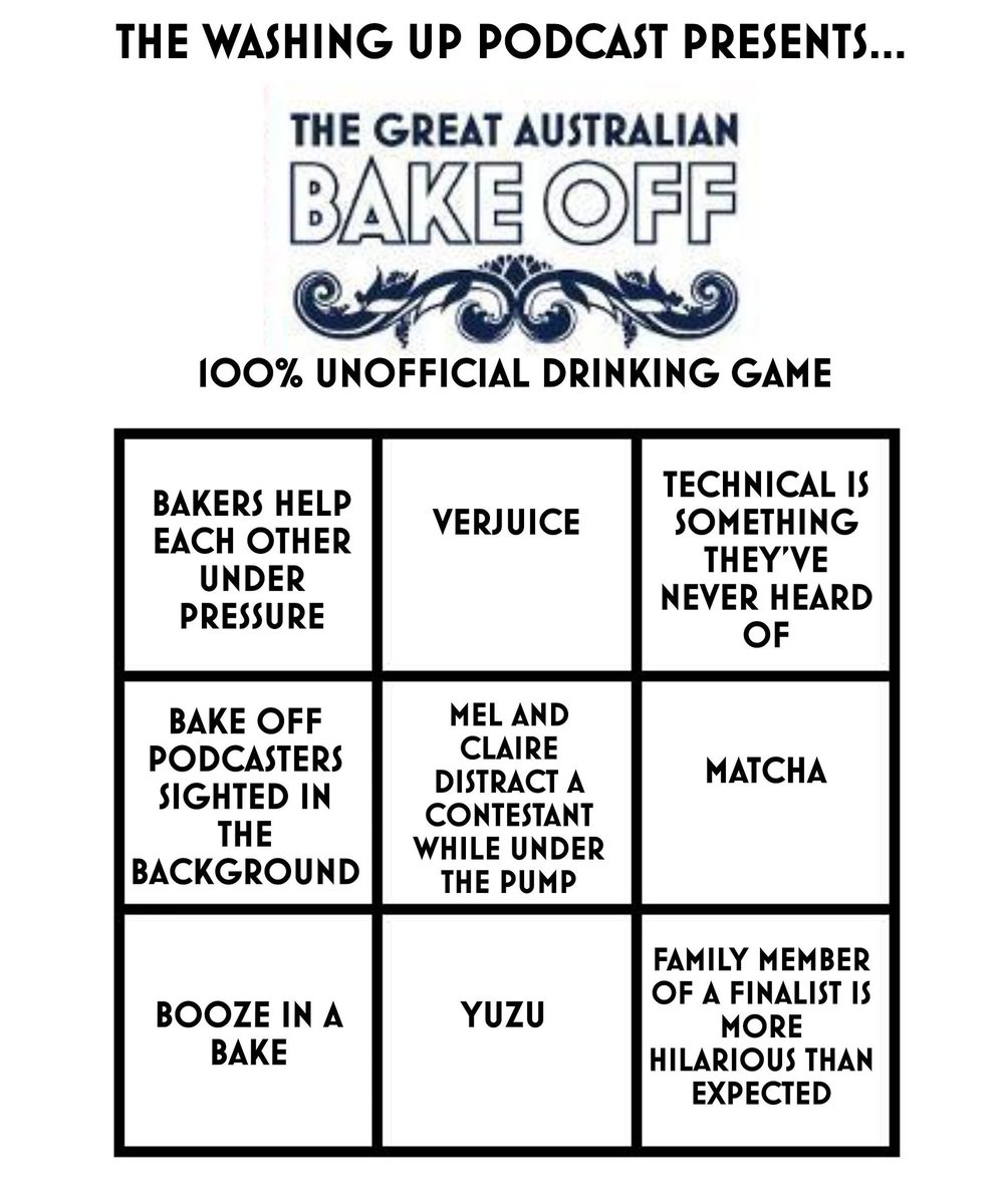 thewashingup's tweet photo. Also reminder, last #BakeoffAU for the year means drinking game card! https://t.co/2EQGZ83frA