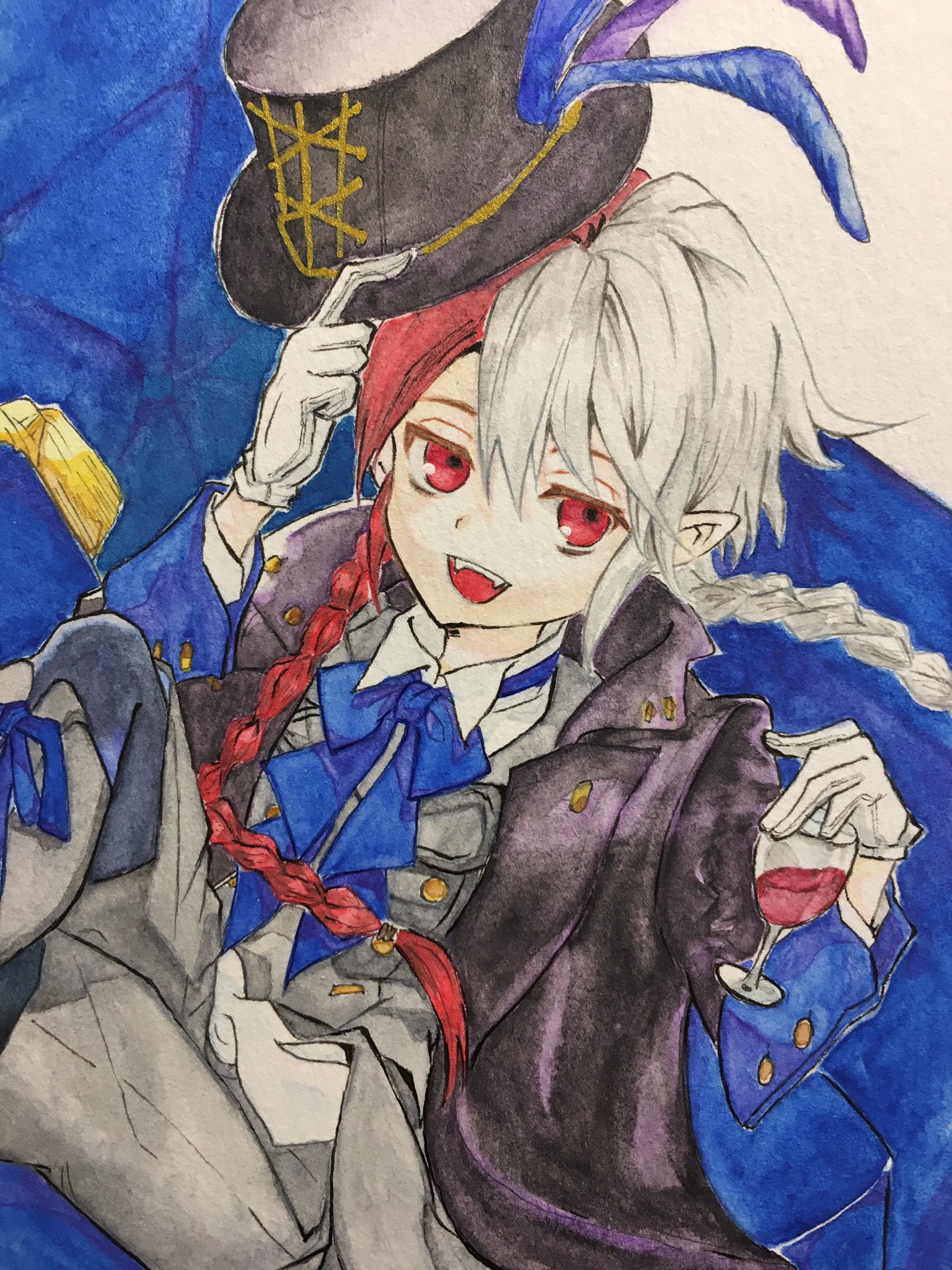 ここゆき 実は百鬼丸より前に無理矢理終わらせてたレストカー テキトーすぎて破りたくなる 自分の中では失敗作 水彩紙の色が真っ白ではないのと多分青色のせいで写真に撮るとめっちゃ暗くなる 模写 終わりのセラフ レストカー アナログ