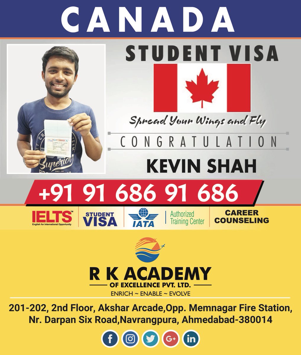 rkacademy_net's tweet photo. R K Academy congratulates Mr. Kevin Shah!
Mr. Kevin Shah who just received his #Canada student #VISA approval.
Get in touch with our team :-
Phone: +91 91 686 91 686
Email: inquiry@rkacademy.net
#studyabroad #canadavisa #RKAcademyAhmedabad #IELTSInstitute #FlyForeign https://t.co/xQJD8pGndy