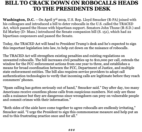 RepSmucker's tweet photo. Bill To Crack Down On Robocalls Heads To The Presidents Desk. #TRACEDact #robocalls https://t.co/T1XoHHlOa8