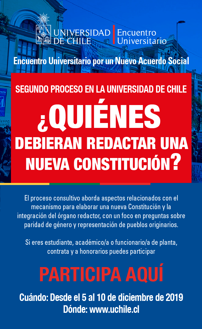 ¿Quiénes debieran redactar una nueva Constitución? ¿Comisión Constituyente con representantes electos o no? ¿Paridad de género? ¿Cupos de pueblos originarios? Todo esto le preguntamos a nuestra comunidad en un nuevo proceso consultivo que se abre AHORA en uchile.cl