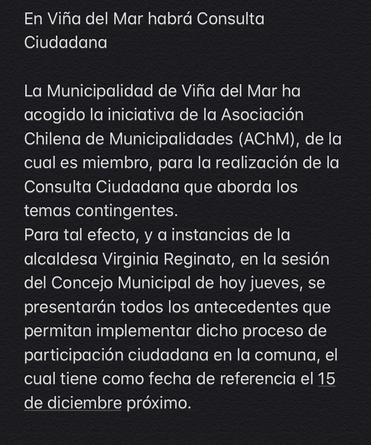 cotyreginato's tweet photo. En Viña del Mar habrá Consulta Ciudadana 
La Municipalidad de Viña del Mar ha acogido la iniciativa de la Asociación Chilena de Municipalidades (AChM), de la cual es miembro, para la realización de la Consulta Ciudadana que aborda los temas contingentes.
Virginia Reginato #VIÑA https://t.co/hoemlwuvGP