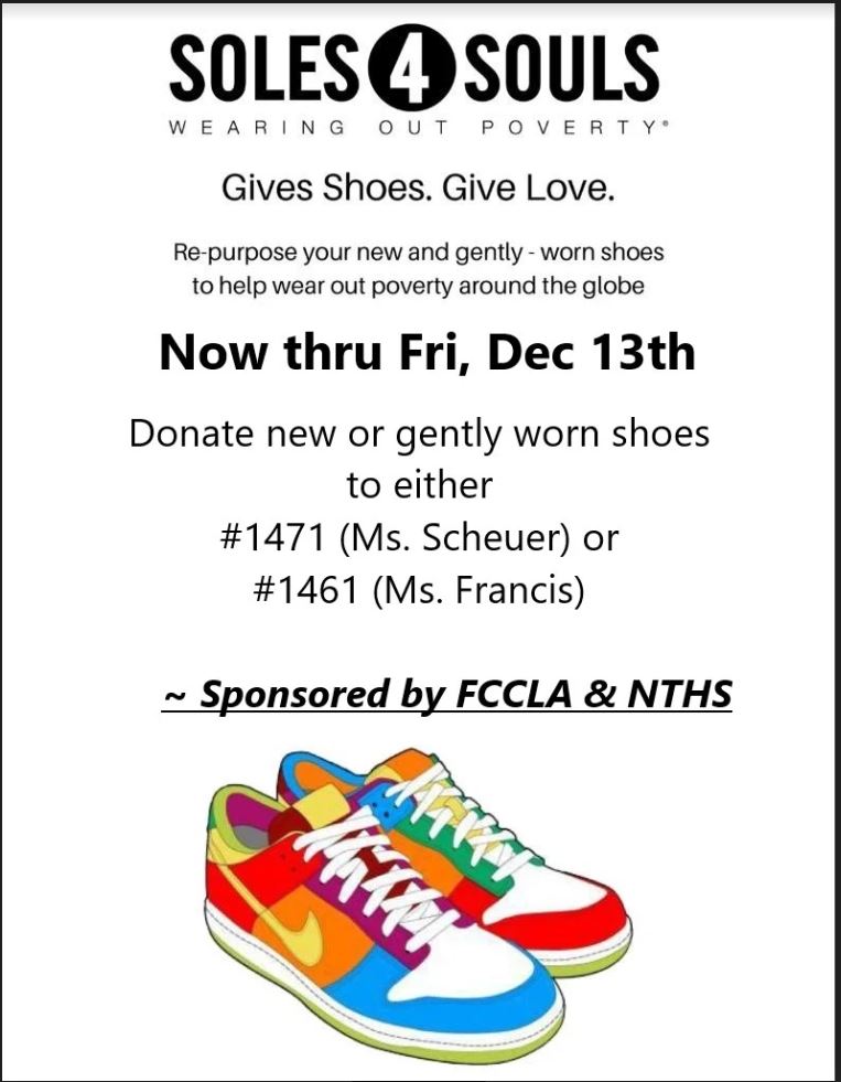 BlansonCTEHS's tweet photo. Soles 4 Souls 
Give Shoes; Give Love 

Donate new or gently worn shoes to Ms. Scheuer, Room 1471 or Ms. Francis, Room 1461 now until December 13th

@BenIbarraCTE @BlansonFccla @BlansonCTELmc @blansonstuco @AldineISD https://t.co/PtcW3dZ92R